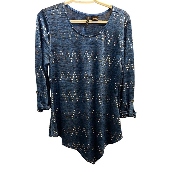 new directions Tops - New Directions Womens Blue Space Dye Sequin Roll Tab Sharkbite Top Small